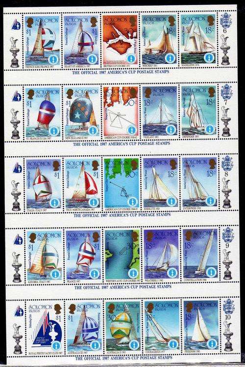 SOLOMON ISLANDS 1986 "AMERICA'S CUP YACHTING CHAMPIONSHIP" 2 SHEETS OF 25 UMM. SG 570-72. CAT 56 GBP