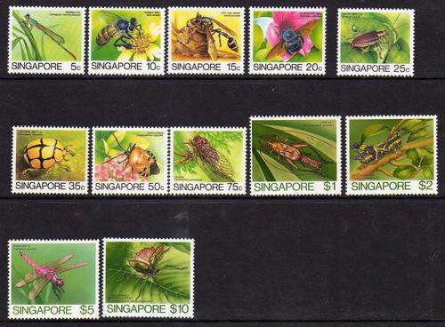 SINGAPORE 1985 DEFINITIVES "INSECTS" SET OF 12 UMM. SG 491-502. CAT 19 POUNDS.