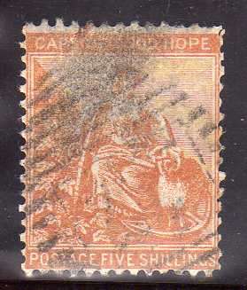 CAPE OF GOOD HOPE 1871-76 DEFIN 5/- FINE USED. W/MARK CROWN CC. SACC 26. CAT R450 (SACC 2015).