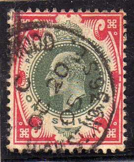 GREAT BRITAIN 1902 KE VII DEFIN 1/- GREEN & RED VERY FINE USED. SG 314. CAT 35 POUNDS.