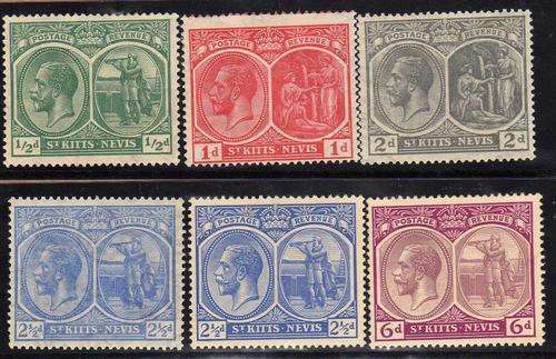ST KITTS-NEVIS 1921-29 PART SET OF 6 LMM. SG 37, 38, 41, 42, 44 & 46. CAT 12,90 POUNDS.