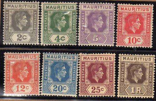 MAURITIUS 1938 DEFIN PART SET OF 8 MM. SG 252, 254c, 255a, 256, 258, 257, 259 & 260. CAT 62 POUNDS.