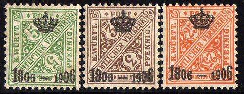 WURTTEMBERG OFFICIALS 1906 `CENTENARY 1806 - 1906` 3 STAMPS MM. SG O159, O160 & O163. CAT 28 POUNDS.