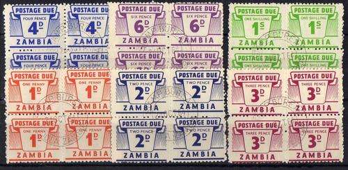 ZAMBIA 1964 POSTAGE DUE SET OF 6 IN BLOCKS OF 4 V.F.U. SG D11-D16. CAT 56 POUNDS.
