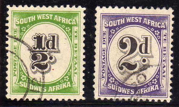 SOUTH WEST AFRICA 1931 POSTAGE DUES 1/2d + 2d VFU. SG 47 + 49.. CAT 10,25 POUNDS.