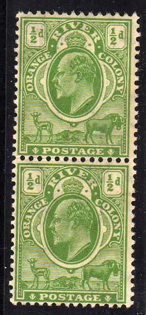 ORANGE RIVER COLONY 1905 1/2d DEFIN PAIR UMM (W/MARK MULTI CROWN CA). SACC 93. CAT R740.