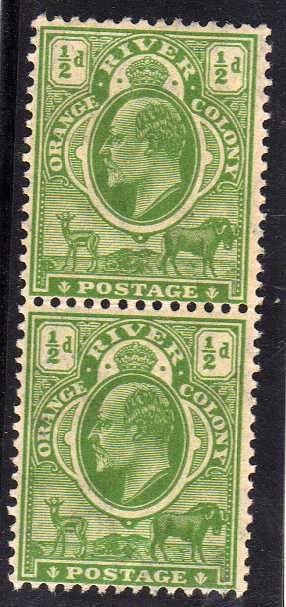 ORANGE RIVER COLONY 1905 1/2d DEFIN PAIR UMM (W/MARK MULTI CROWN CA). SACC 93. CAT R740.