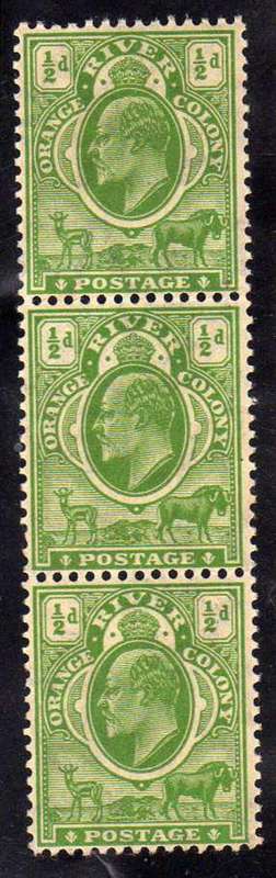 ORANGE RIVER COLONY 1905 1/2d DEFIN STRIP OF 3 UMM (W/MARK MULTI CROWN CA). SACC 93. CAT R1110.