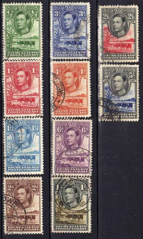 BECHUANALAND 1938 DEFIN PART SET OF 10 (1/2d - 5/-) VFU . SACC 113-123. CAT R1285. (2015).