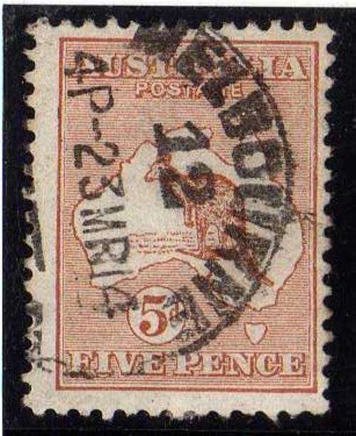 AUSTRALIA 1913 DEFIN 5d CHESTNUT FINE USED. SG 8. CAT 38 POUNDS.