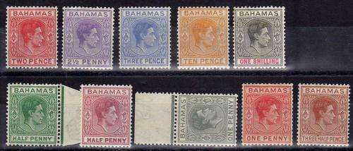 BAHAMAS 1938 DEFIN PART SET OF 10 (1/2d - 1/-) LMM + MM. CAT 41 POUNDS.