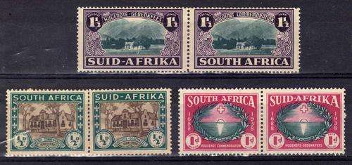 SOUTH AFRICA 1939 "250th ANNIV HUGUENOT LANDING" SET OF 3 PAIRS LMM. SACC 81-83. CAT R700.