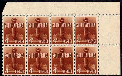 SOUTH AFRICA 1941-42 LARGE WARS 4d ORANGE BROWN BLOCK OF 8 UMM (**). CAT R1200.
