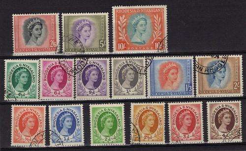 RHODESIA & NYASALAND 1954 DEFIN PART SET OF 15 V.F.U. SACC 1-14. CAT R468. (2015)