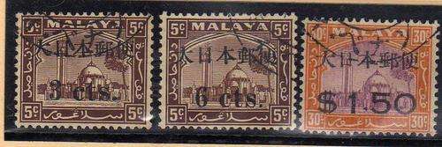 MALAYSIA JAPANESE OCCUPATION SELANGOR. 3 STAMPS O/P VFU. SG J290, J293 & J296. CAT 7 POUNDS.