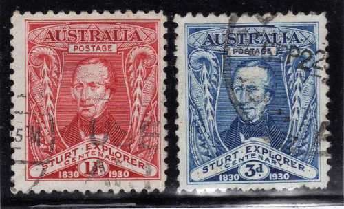 AUSTRALIA 1930 "CENT OF EXPLORATION OF MURRAY RIVER" SET OF 2 GOOD USED. SG 117-118. CAT 9 POUNDS.