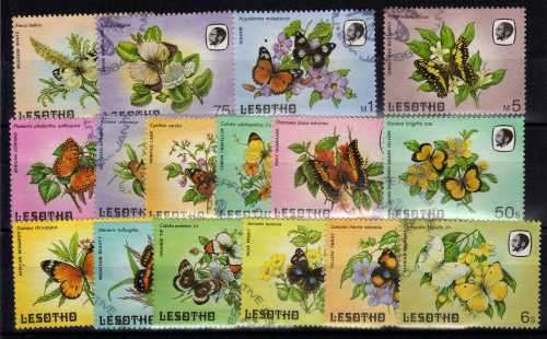LESOTHO 1984 BUTTERFLIES DEFIN SET OF 16 V.F.U. SG 563-78. CAT 12,50 POUNDS.