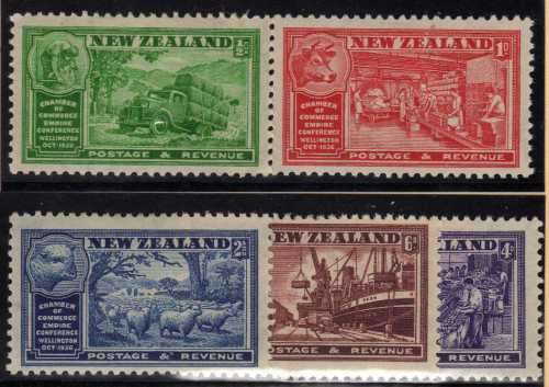 NEW ZEALAND 1936 "CONGRESS OF CHAMBER OF COMMERCE" SET OF 5 LMM. SG 593-7. CAT 6,50 POUNDS.