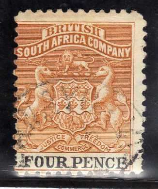 RHODESIA 1895 4d YELLOW BROWN AND BLACK VERY FINE USED. SACC 28. CAT R250.