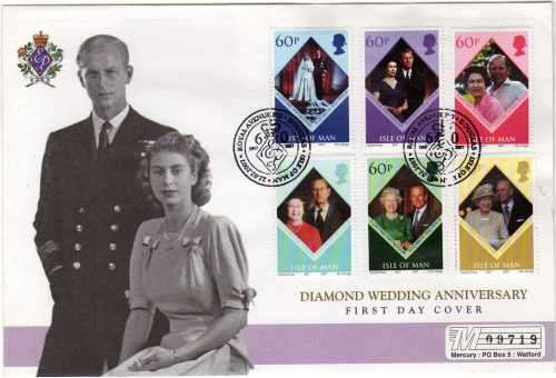 ISLE OF MAN 2007 "DIAMOND WEDDING ANNIV QEII & PRINCE PHILLIP" FDC. SG 1349-54. CAT 6 POUNDS.