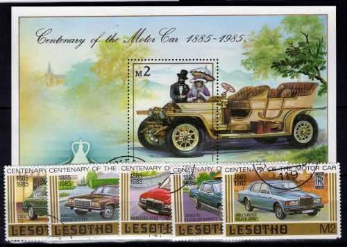 LESOTHO 1985 "CENTURY OF MOTORING " SET OF 5 PLUS MINI SHEET VFU. SG 640-5. CAT 12,50 POUNDS.