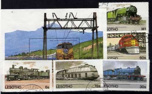 LESOTHO 1984 "RAILWAYS OF THE WORLD" SET OF 5 + MINI SHEET VFU. SG 605-9 & M/S 610. CAT 6,50 POUNDS.