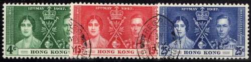 HONG KONG 1937 CORONATION SET OF 3 VFU. SG 137-39. CAT 15,25 POUNDS.