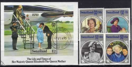 SWAZILAND 1985 "LIFE & TIMES QUEEN MOTHER" SET OF 4 + MINI SHEET VFU. SG 486-490. CAT 5,25 POUNDS.