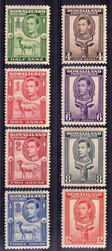 SOMALILAND PROTECTORATE 1938 DEFIN PART SET OF 8. 1/2a - 12a L.M.M. SG 93-100. CAT 54 POUNDS.