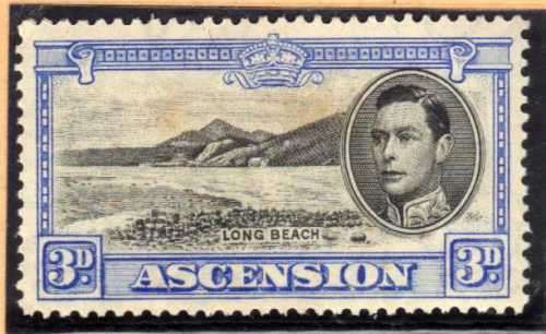 ASCENSION 1938 3d BLACK AND ULTRAMARINE LMM(*) BUT VERY BROWN GUM. SG 42. CAT 100 POUNDS.