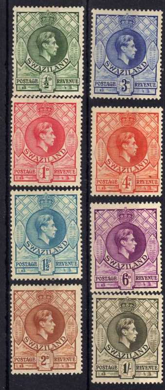 SWAZILAND 1938 DEFIN PART SET OF 8 ALL PERF 13,5 x 13. SACC 27 - 34. CAT R1625.