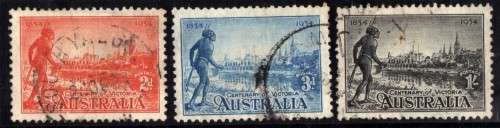 AUSTRALIA 1934 "CENT OF VICTORIA" SET OF 3 PERF 11,5 VFU. SG 147a-149a. CAT 28 POUNDS.