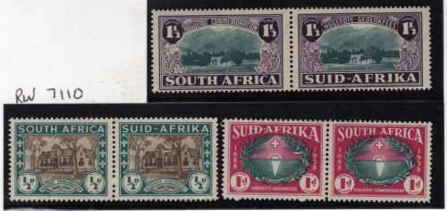 SOUTH AFRICA 1939 `250th ANNIV HUGUENOT LANDING` SET OF 3 PAIRS LMM. SACC 81-83. CAT R700.