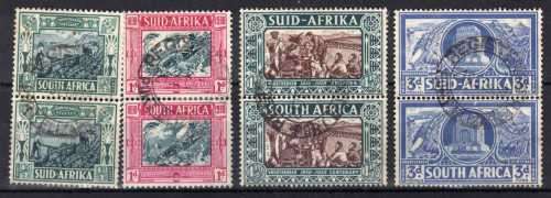 SOUTH AFRICA 1938 VOORTREKKER CENT MEM FUND SET OF 4 VERT PAIRS FINE USED. SACC 75-78. CAT R255.