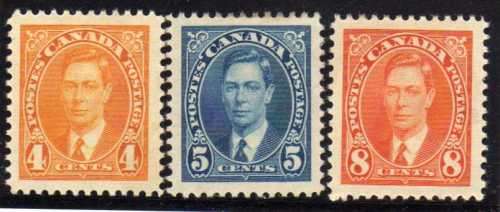CANADA 1937 DEFIN 4c, 5c + 8c LMM(*). SG 360-362. CAT 18 POUNDS.