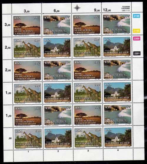 SOUTH AFRICA 1990 "TOURISM IN SOUTH AFRICA" FULL SHEET OF 24 UMM. SACC 731-734. CAT R120.