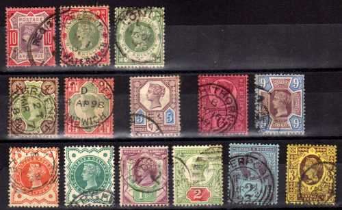 GREAT BRITAIN 1887 QV JUBILEE BASIC SET 1/2d - 1/-. BETWEEN SG 197-211 + SG 213-214. CAT 340 POUNDS