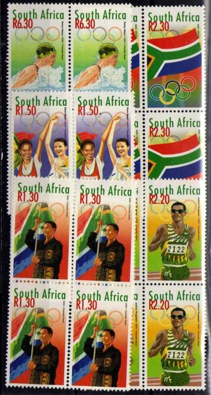 SOUTH AFRICA 2001 `OLYMPIC GAMES` SET OF 5 IN BLOCKS OF 4 UMM. SACC 1280-84. CAT R420. (2023-25)