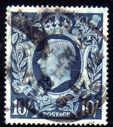 GREAT BRITAIN 1939-48 DEFIN 10/- DARK BLUE FINE PARCEL CANCEL. SG 478. CAT 20 POUNDS.