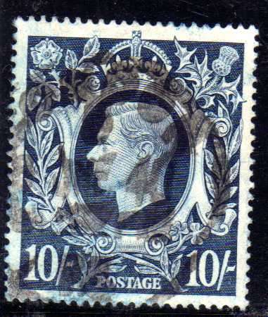 GREAT BRITAIN 1939-48 DEFIN 10/- DARK BLUE FINE PARCEL CANCEL. SG 478. CAT 20 POUNDS.