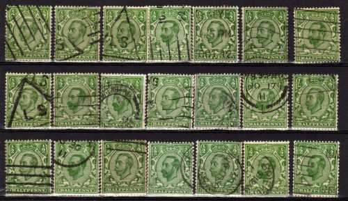 GREAT BRITAIN 1911-12 DOWNEY HEADS 1/2d x 21 UNCLASSIFIED USED. BETWEEN SG 321-350.