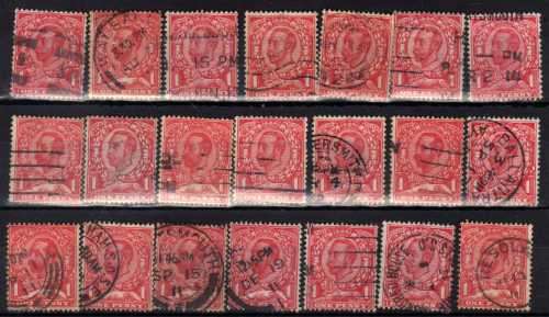 GREAT BRITAIN 1911-12 DOWNEY HEADS 1d x 21 UNCLASSIFIED USED. BETWEEN SG 327-350.