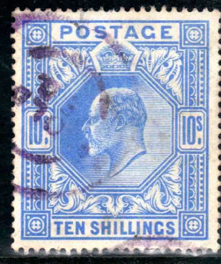 GREAT BRITAIN 1902-10 10/- ULTRAMARINE FINE USED. SG 265. CAT 450 POUNDS.