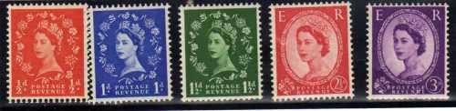 GREAT BRITAIN 1958 2ND GRAPHITE LINED ISSUE SET OF 5 INV W/MARK LMM. CAT 145 POUNDS.