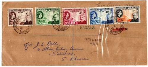 NORTHERN RHODESIA 1953 "RHODES CENTENARY" SET OF 5 ON PLAIN FDC. SACC 54-58. STAMPS CAT R190.