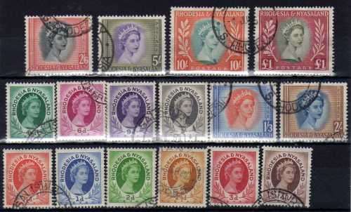 RHODESIA & NYASALAND 1954 DEFIN SET OF 16 VFU. SACC 1-15. CAT R918. (SACC 2015)