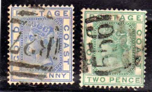 GOLD COAST 1876-84 1d BLUE & 2d GREEN W/MARK CROWN CC FINE USED. SG 5 & 6. CAT 15,50 POUNDS.