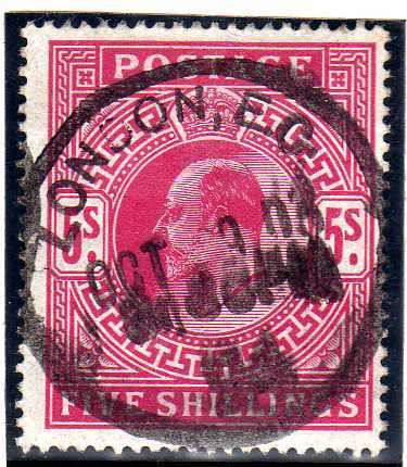 GREAT BRITAIN 1902 KEVII 5/- DEFIN BRIGHT CARMINE FINE USED. SG 263. CAT 200 POUNDS.