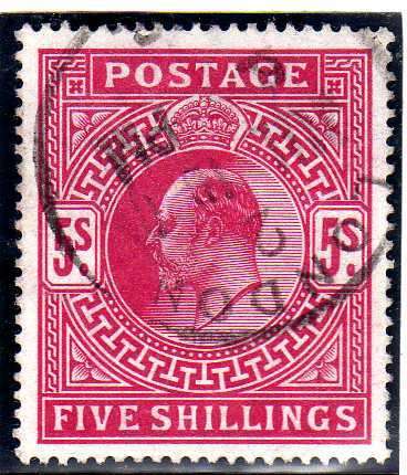 GREAT BRITAIN 1902-10 KEVII DE LA RUE 5/- DEEP BRIGHT CARMINE SUPERB USED. SG 264. CAT 220 POUNDS.