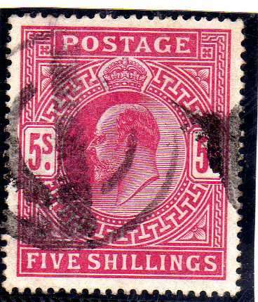 GREAT BRITAIN 1902-10 KEVII SOMERSET HOUSE PRINTING 5/- CARMINE FINE USED. SG 318. CAT 200 POUNDS.